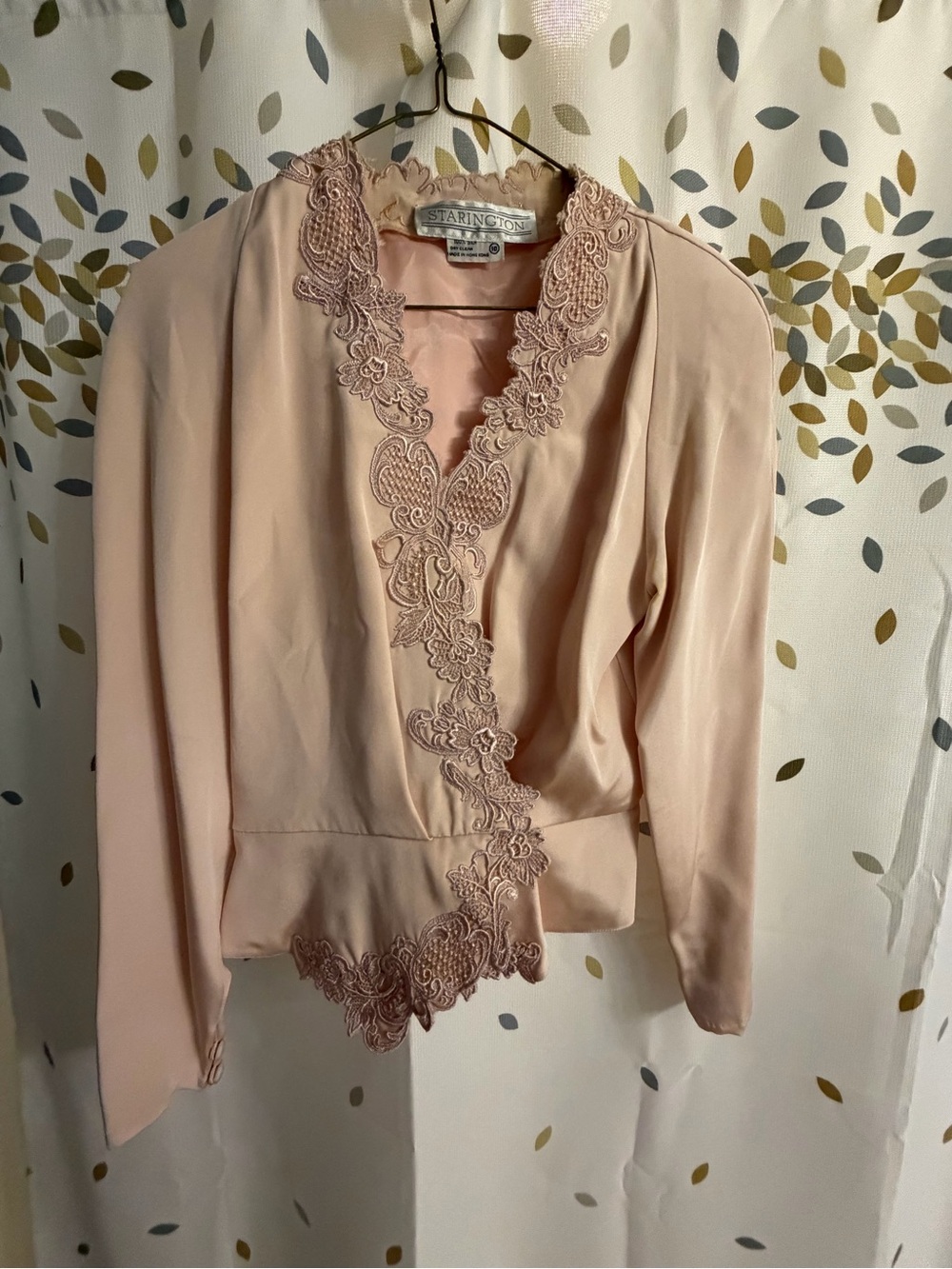Vintage 100% Silk Blush Pink Lace Trim Wrap Top with matching skirt.